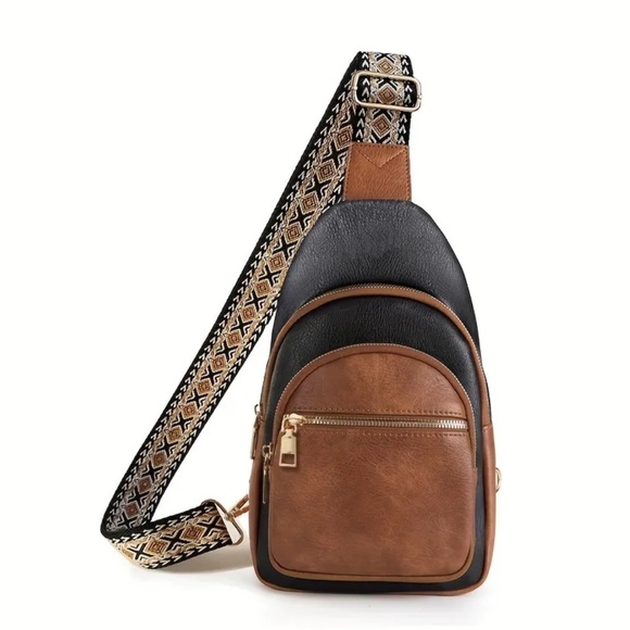 Handbags - NWOT Boutique Vegan leather black and brown boho chest sling bag